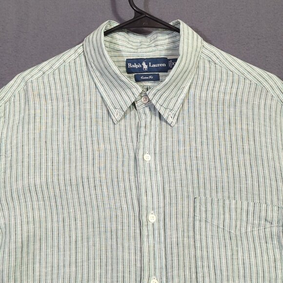 Ralph Lauren Shirt Men's XL Green Striped Linen Custom Fit Long Sleeve Button Up - Picture 3 of 10